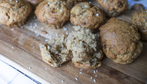 High angle view of bread on cutting board