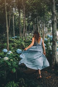 Rear view of woman by plants and trees in forest
