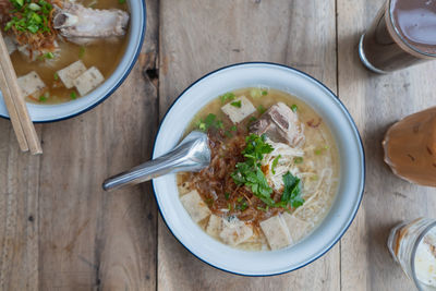 High angle view of soup in bowl on table