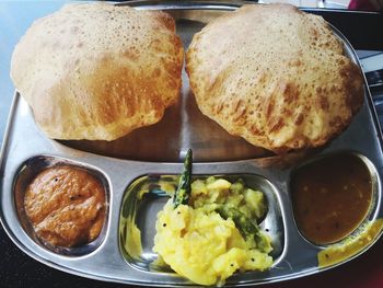 High angle view of breakfast served on table