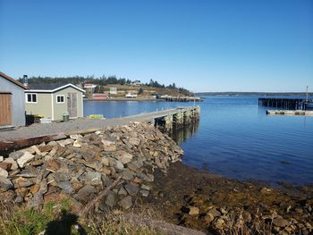 Scenic view of river by buildings against clear blue sky