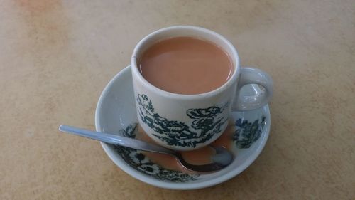 High angle view of tea cup on table