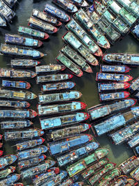 High angle view of fishing boats at dock