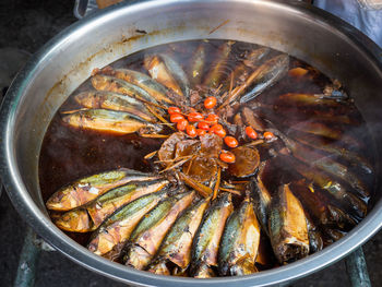 High angle view of boiled fish on market