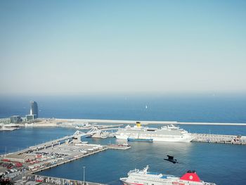 High angle view of ship in sea against clear sky