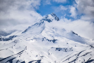 Low angle view of snowcapped mountains against sky