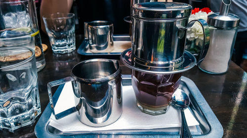 High angle view of glasses on table at restaurant