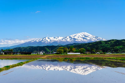 An image of the japanese sacred mountain reflected in the paddy field.