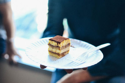 Close-up of hand holding cake slice in plate