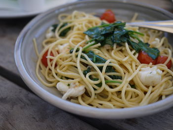 Close-up of noodles in bowl on table