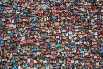 Full frame shot of multi colored padlocks