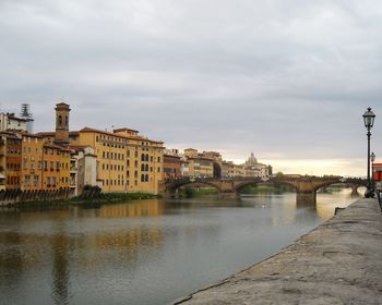 River in city against cloudy sky