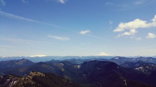 Scenic view of mountains against cloudy sky