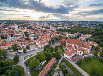 High angle view of townscape against sky during sunset