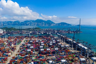 High angle view of commercial dock against sky