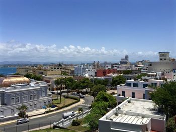 Buildings against blue sky and clouds