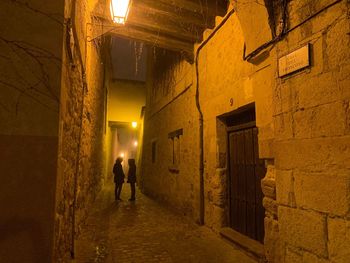 Mother and daughter standing at illuminated alley amidst buildings during night