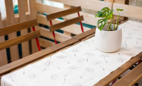 High angle view of open book on table at home