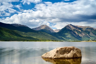 Scenic view of lake and mountains against sky