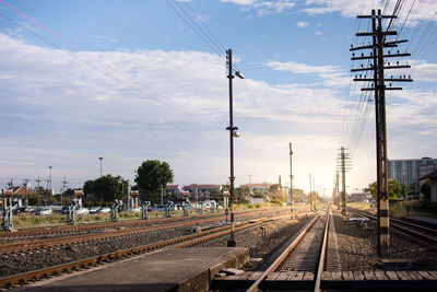 Railway corridor. double-track railway go to station.