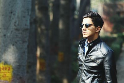 Handsome man wearing leather jacket