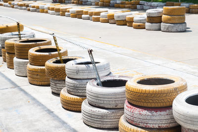 High angle view of tires on street