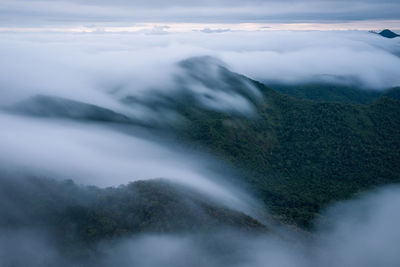 Scenic view of mountains against cloudy sky