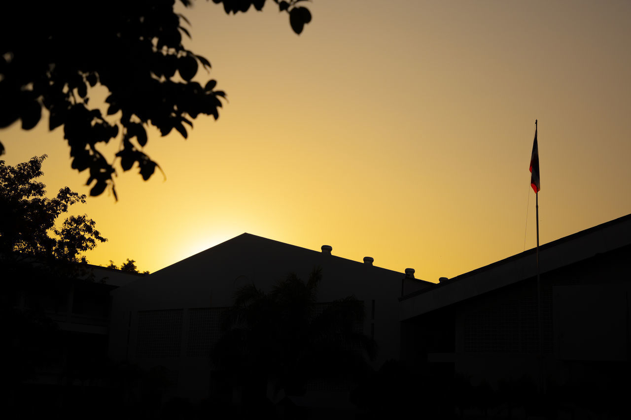 LOW ANGLE VIEW OF SILHOUETTE TREES AND BUILDINGS AGAINST SKY