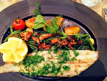 High angle view of food in plate on table