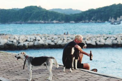 Man with dog sitting on pier