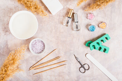 High angle view of objects on table