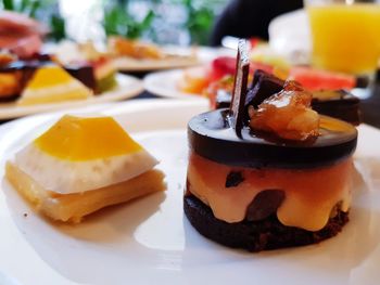 Close-up of dessert served on table