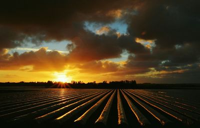 Scenic view of landscape against cloudy sky during sunset