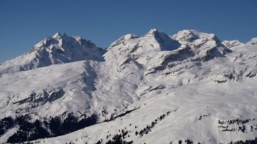 Scenic view of snowcapped mountains against clear sky