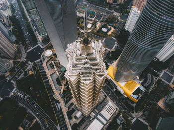 High angle view of modern buildings in city