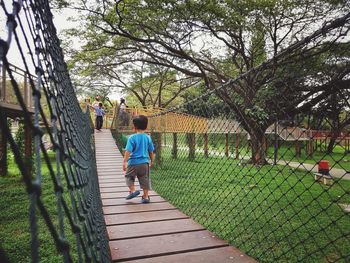 Rear view of woman walking on footpath in park