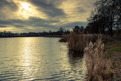 Scenic view of lake against sky during sunset