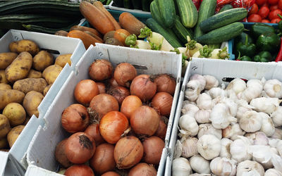 Close-up of various vegetables in box for sale at market