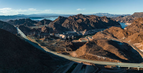 Aerial view of hoover dam and the colorado river bridge