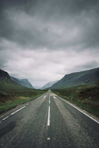 Empty road amidst mountains against cloudy sky