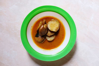 High angle view of soup in bowl on table