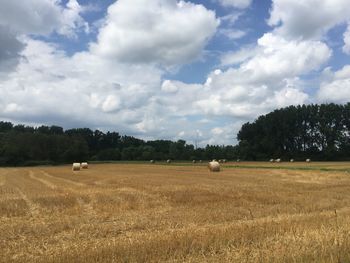 Hay bales on field against sky