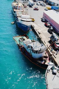 High angle view of ship sailing in sea