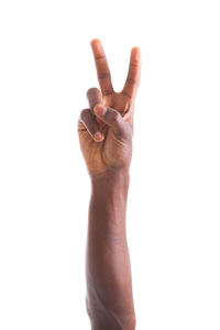 Close-up of hand holding hands over white background