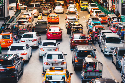 High angle view of traffic on road in city