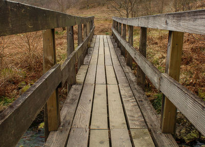 Boardwalk leading towards footbridge in forest