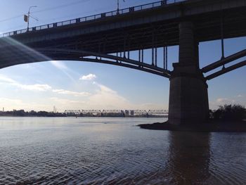 Low angle view of bridge over river against sky