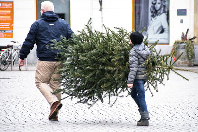 Rear view of christmas tree in snow
