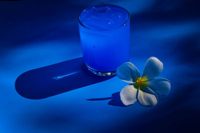 Close-up of blue water on table