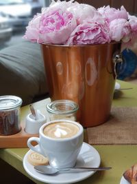 Close-up of coffee served on table